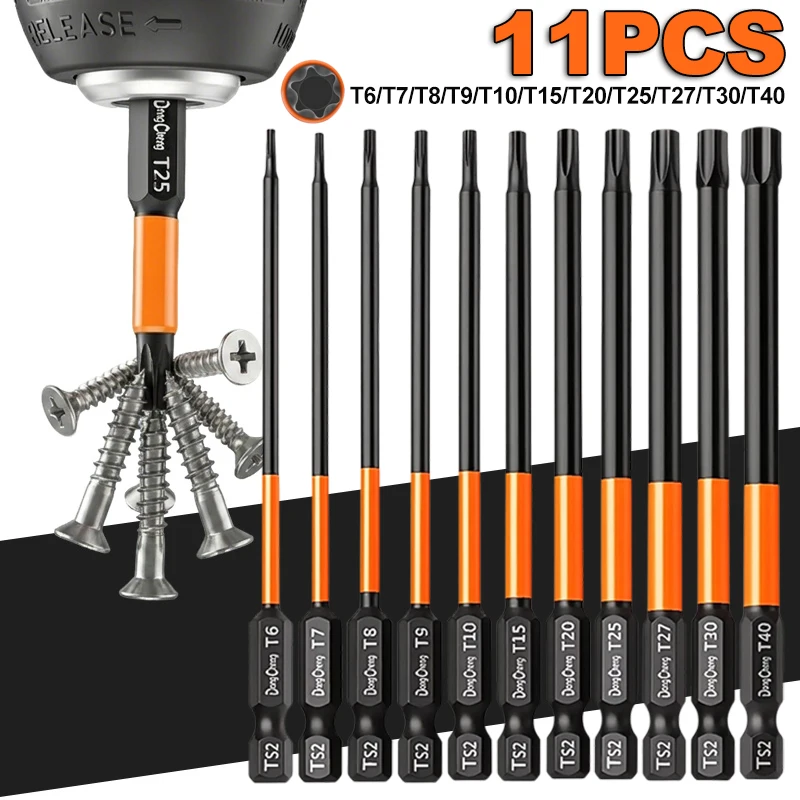 100mm TS2 Steel Magnetic Torx Screwdriver Set T6-T40 1/4 Hex Shank Automotive & Electronic Repair Tool for Security Screws
