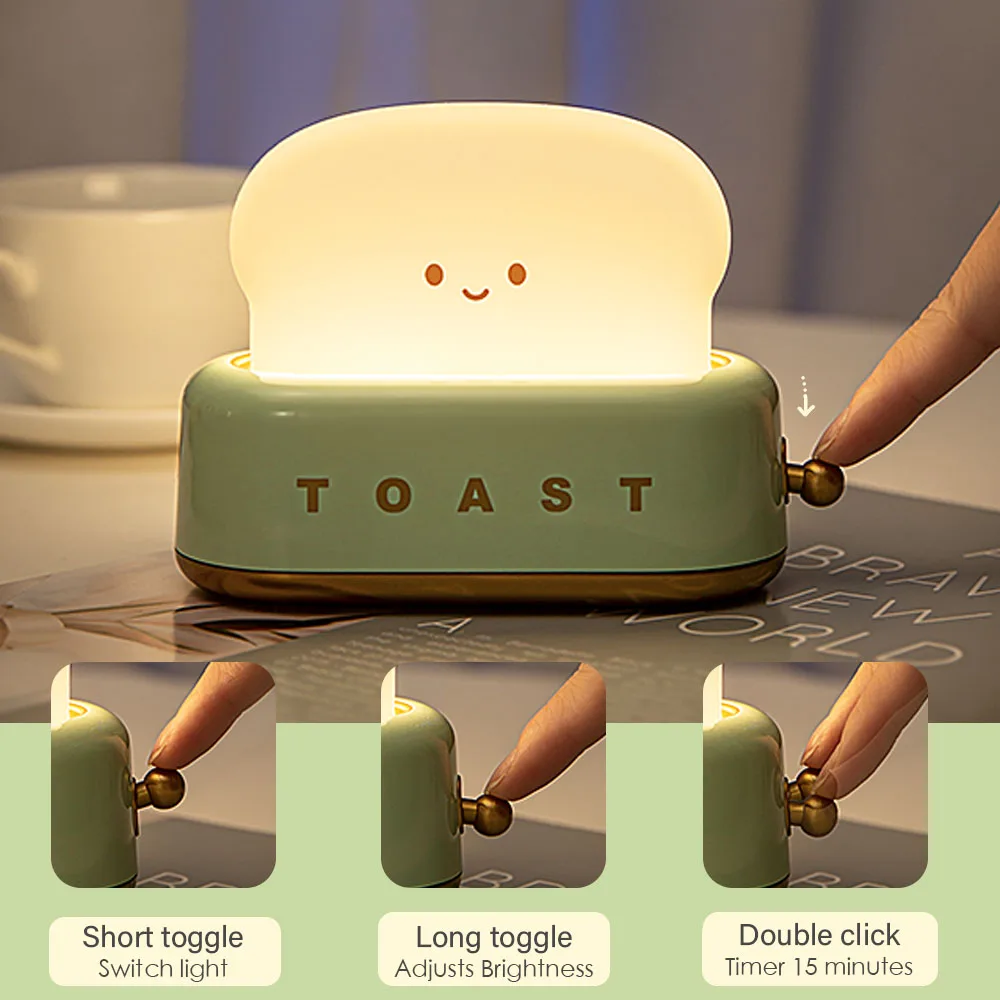 Bandian Brood Toast Cartoon Led Nachtlampje Schattig Interieur Kawaii Brood Tafellampen Nacht Draagbaar Licht Met Timer Kleine Lamp