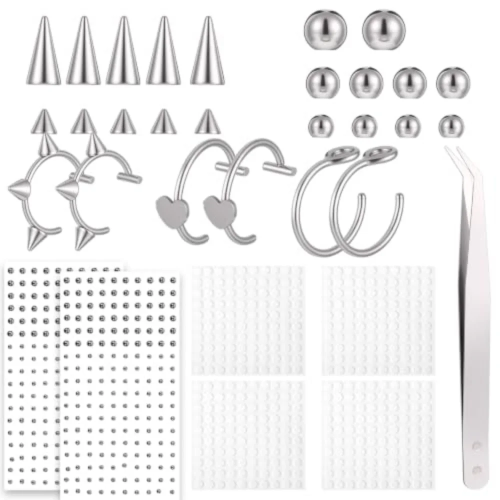 Fake Piercing Set Non‑Pierced Lip Eyebrow Jewelry Lip Ring with Spikes Replacement Balls Adhesive Stickers Tweezers Body Decor