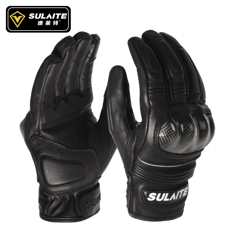 SULAITE Sheepskin Full Finger Gloves Carbon Fiber Anti-fall Breathable Racing Riding Gloves Men Women Motorcycle Protective Gear