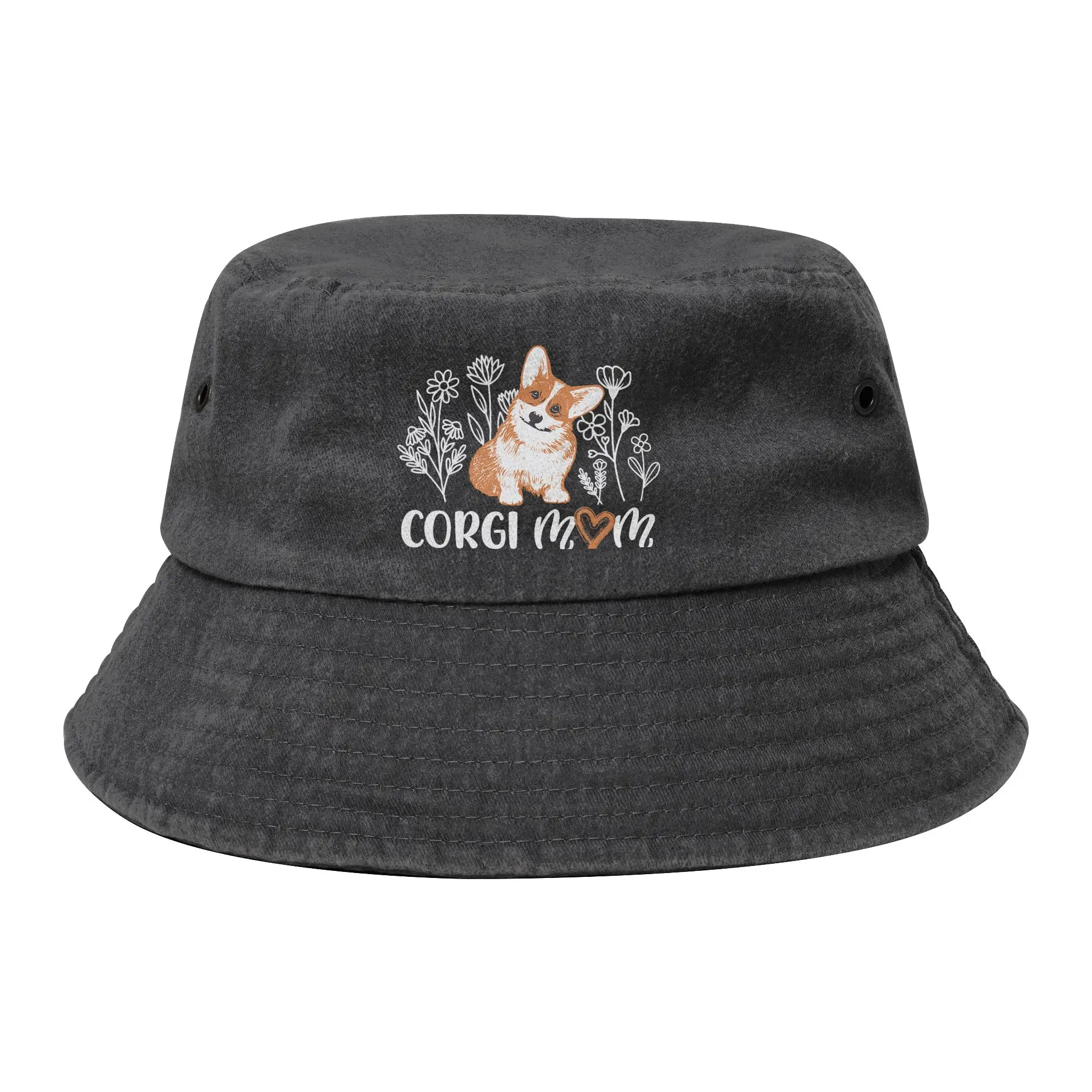 Women Men Distressed Washed Bucket Hats Corgi Mom Dog Flower Love Camping Fishing Fisherman Hat  Bob Gifts Idea