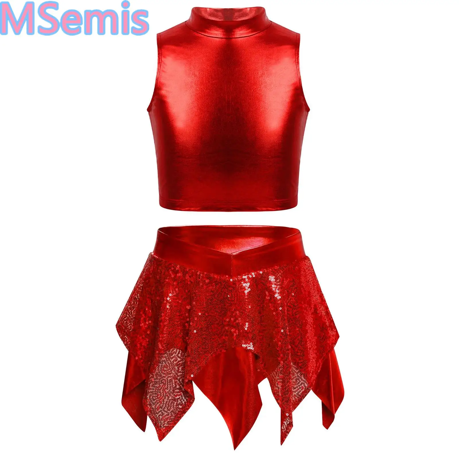 Kids Girls 2pcs Jazz Dance Performance Costume Sleeveless Metallic Crop Top with Sequins Skirt Shiny Skating Modern Dance Outfit