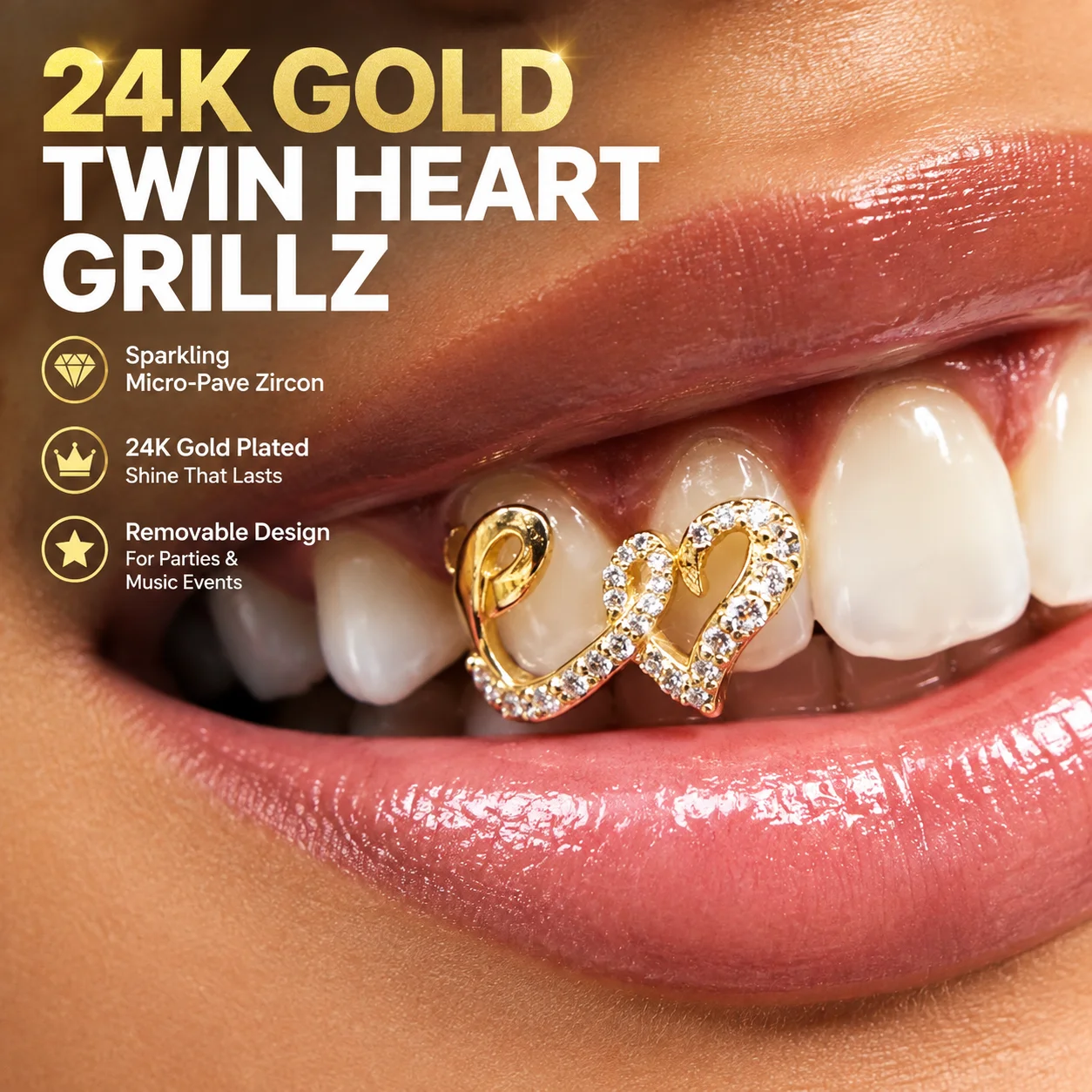 24K Gold Plated Twin Heart Grillz Micro-Pave Zircon Hip Hop Dental Jewelry Removable Gold Teeth for Parties Music Events