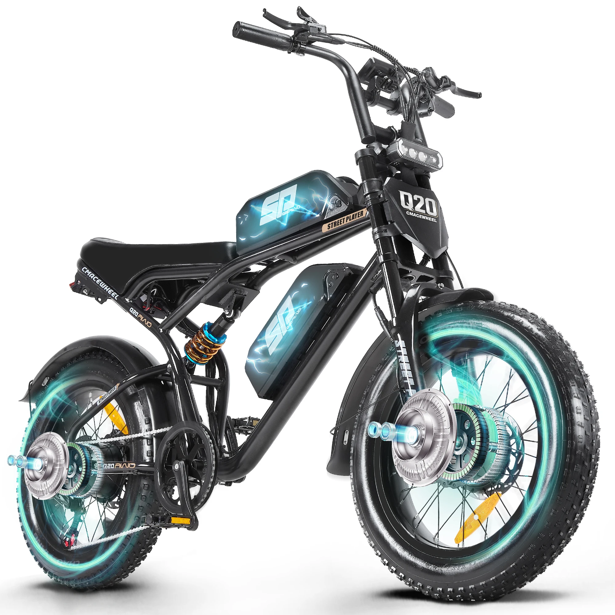 CEAYA Q20MAX Elektrofahrrad 48V 40AH Akku Doppelmotor Elektro-Mountainbike Ölbremse, 20*4.0 Fat Tire E-Bike, 100km+ Reichweite, Bremslicht City E-Bike