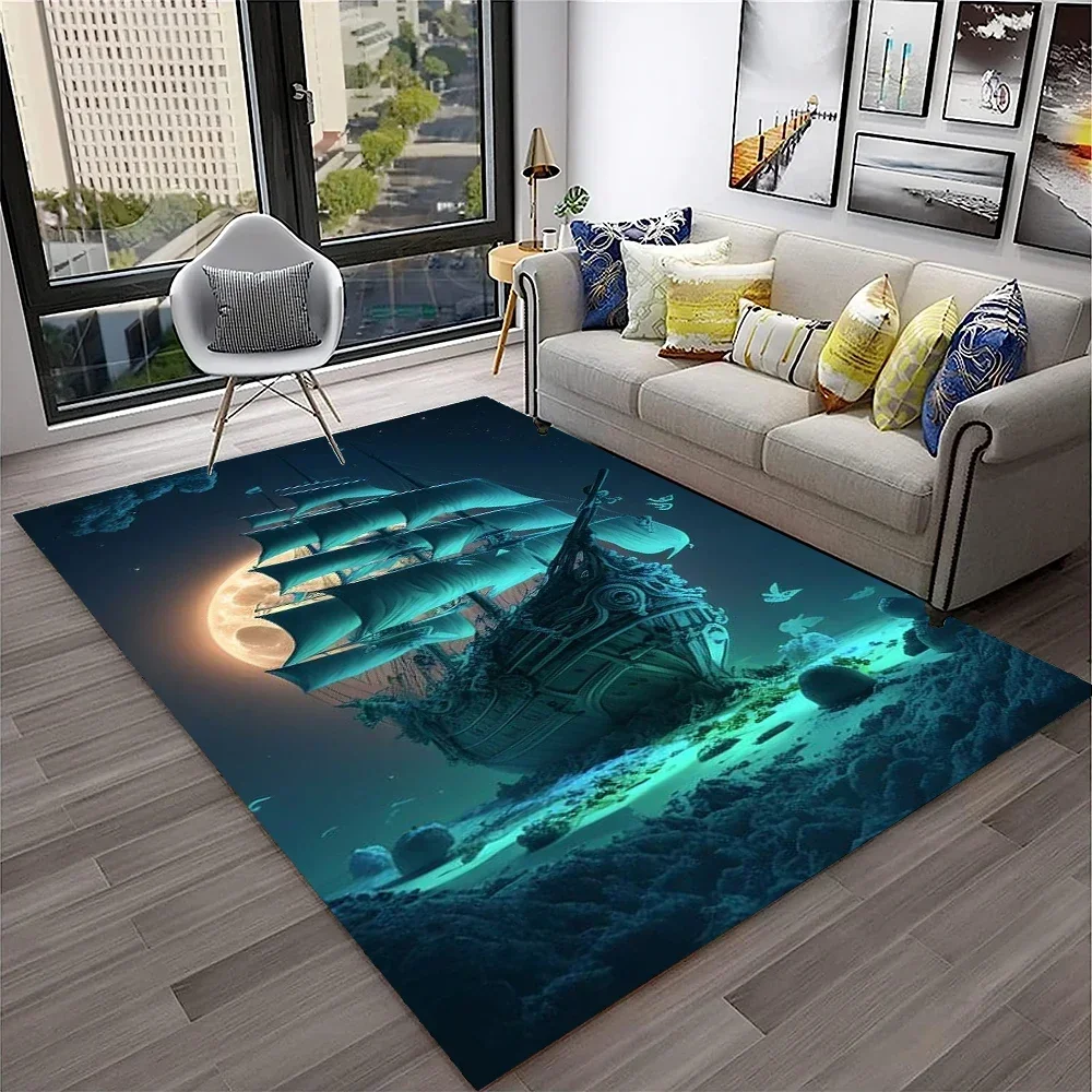 3D Pirate Ship Boat,Sailboat,Barque Carpet Rug for Home Living Room Bedroom Sofa Doormat Decor, Kids Area Rug Non-slip Floor Mat