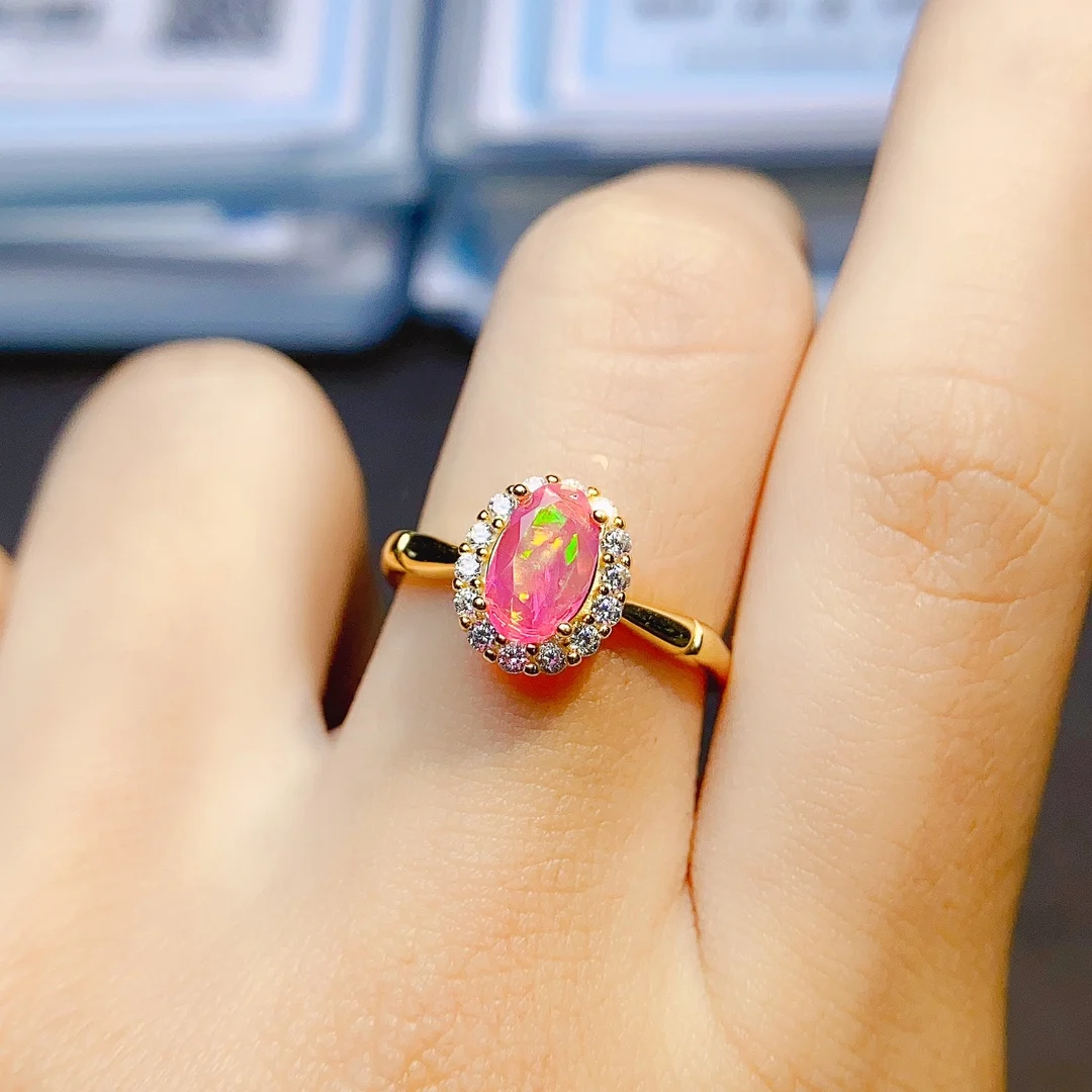 Natural Pink Opal Ring October Birthstone Ring 925 Sterling Silver Pink Gemstone Engagment Ring For Gift - view 5
