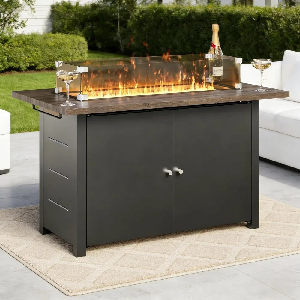 

43" Propane Fire Pit Table, 55000 BTU Gas Fire Pit with 2 Tiered Storage Space, Wood Grain Tabletop, Gray Glass Wind Guard