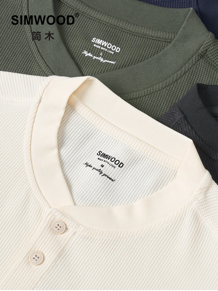 SIMWOOD-camisetas transpirables de talla grande para hombre, camisas de tejido Henley con textura de gofre, 250GSM, novedad de verano, 2024