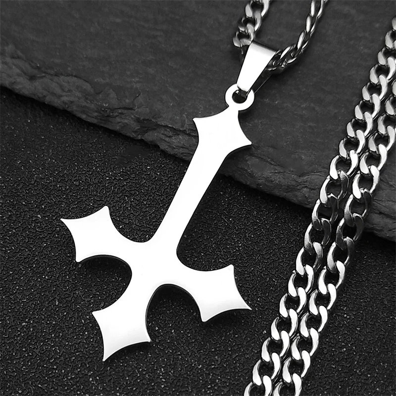 Goth Upside Down Cross Stainless Steel Pendant Necklace for Men Black Color Inverted Crucifix Cross Man Emo Chain Jewelry Gifts
