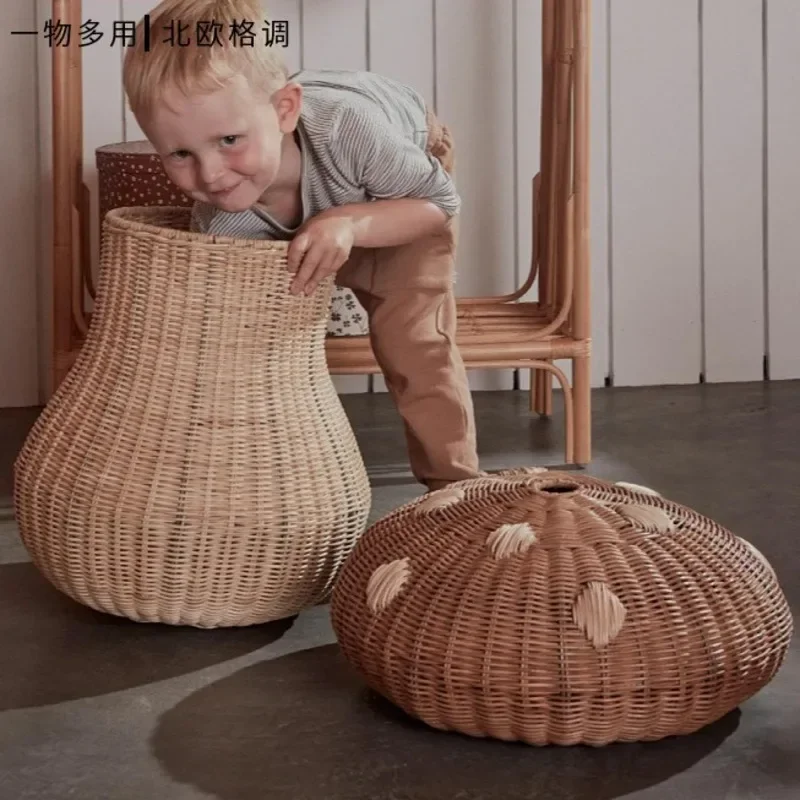 Cesta de almacenamiento en forma de seta tejida de ratán de viento nórdico, cesta de juguetes para niños, cesta multifuncional para ropa sucia para dormitorio