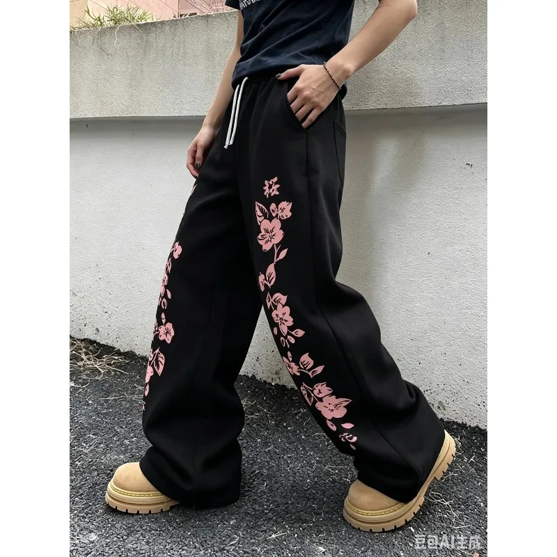 2026 Summer Men's Kid Casual Athletic Trousers Cherry Blossom Print Harajuku Sweatpants Drawstring Loose Wideleg Casual Trousers