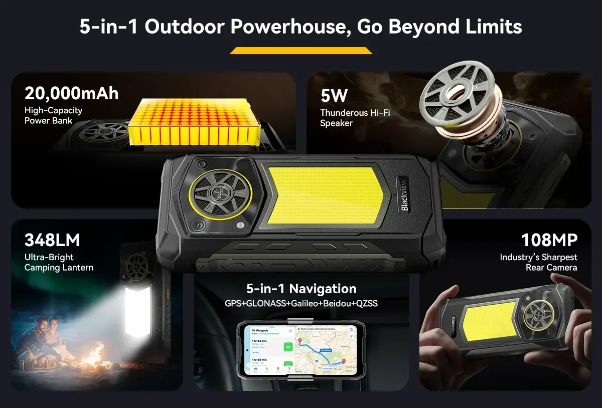 Blackview ROCK 5 Rugged Smartphone, 48GB(12+36) RAM+256GB ROM, 6.78" 2.4K Display, 20000mAh Battery, Android 16, 108MP Camera, NFC,Fingerprint, Camping Lantern,Recognition IR Fill Light,33W Fast Charge