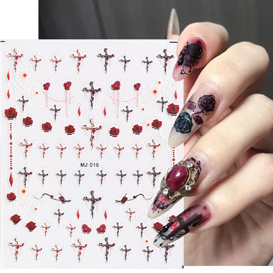 Bloody Black Rose Gothic Style Nails Sticker Dark Cross Cool Dry Rose Nail Decoration Red Flowers Charm Manicure Decals MJ-016