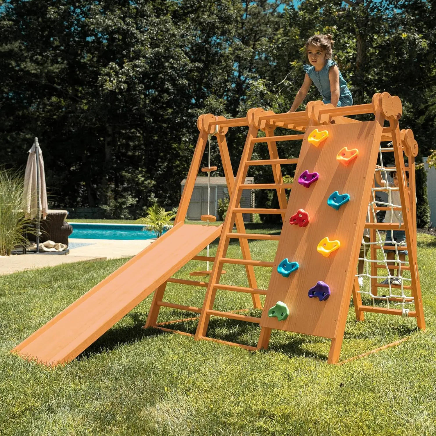 

7-in-1 Indoor/Outdoor Foldable Playset for Kids - with Slide, Climbing Wall, Monkey Bars, Swing