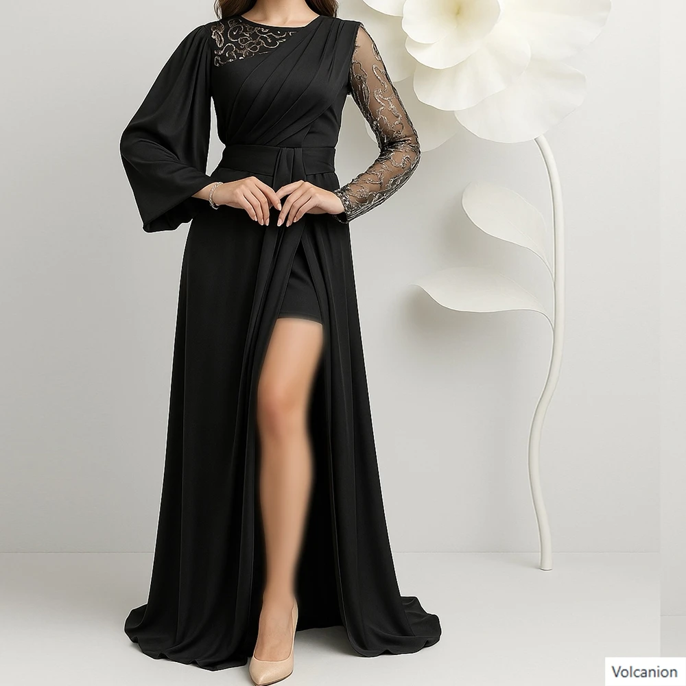 

Customized A-line Evening Dresses Floor-length O-neck Full Sleeve Prom Gown Fsahion Sequined Pleat Simple Draped Party Gown