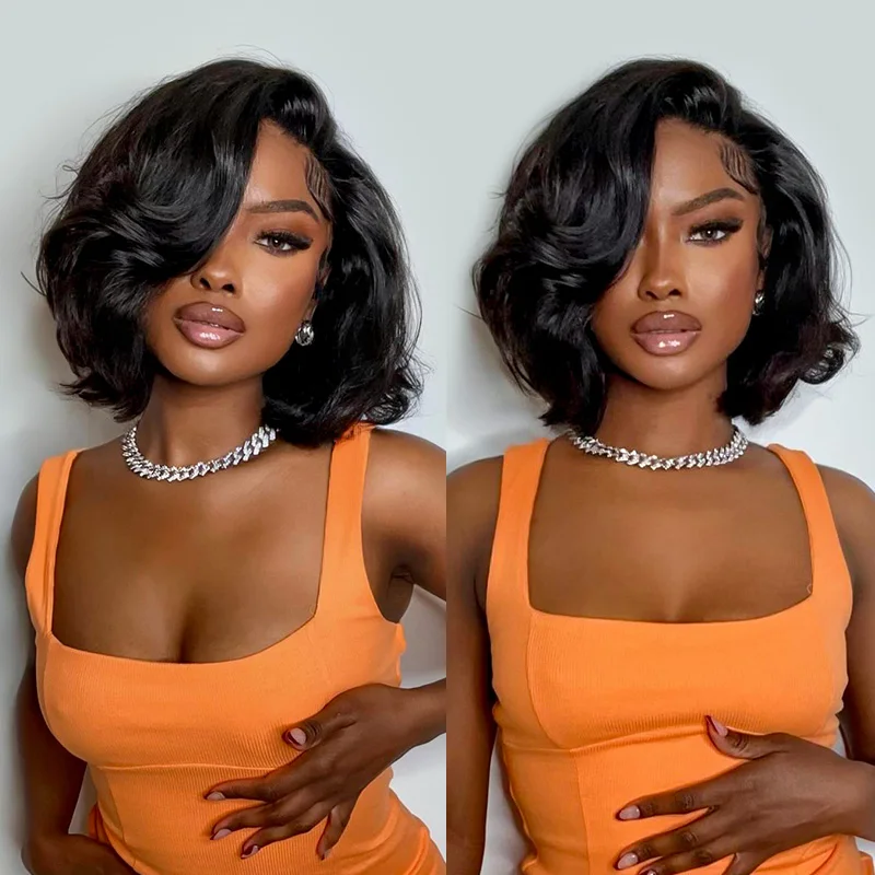 250% Density Human Hair Body Wave Short Bob Glueless Wigs For Summer 13x6 Invisible HD Lace Front Wigs Pre Plucked Pre Bleached Unprocessed Black Body Wave HD Lace Wigs With Baby Hair Bouncy Body Wave Glueless Frontal Wigs