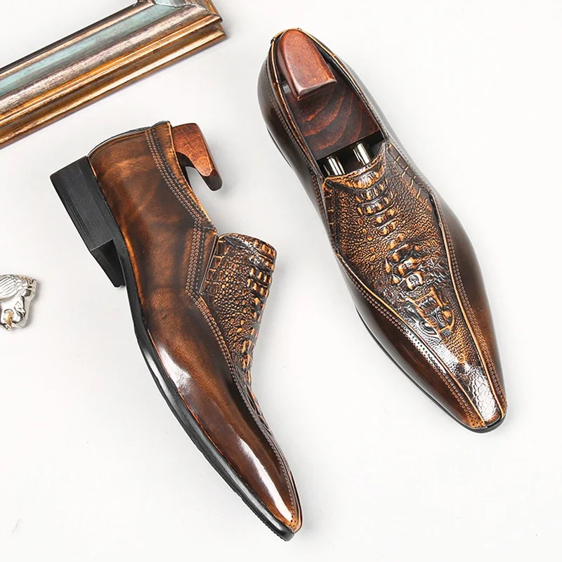 2024 Real Patent Leather Men\'s Dress Shoes Fashion Crocodile Pattern Slip on Brown Black Luxury Handmade Genuine Leather Shoes