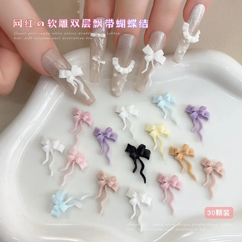 30 قطعة من سحر أظافر القوس بطبقة مزدوجة ثلاثية الأبعاد - أشرطة ساتان أنيقة في ظلال كلاسيكية وباستيل