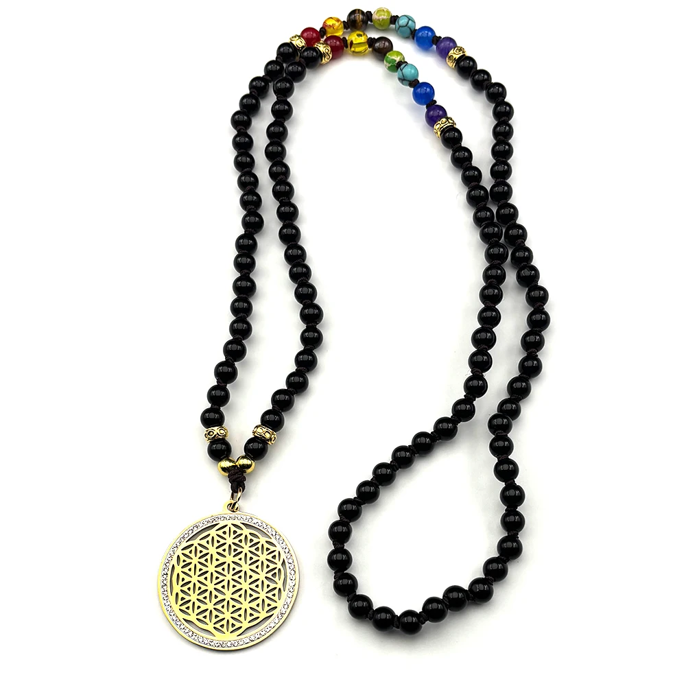 

Flower of Life Yoga 7 Chakra Rhinestones Pendant Stainless Steel Glass Beads Chain Necklace for Women Men Gold Color Jewelry