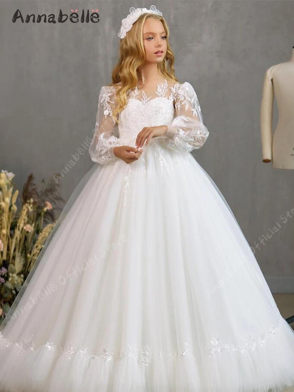 

Annabelle Long Kids Girls Wedding Dress Sweetheart Perspective Leak Back A-Line Photograph Dresses