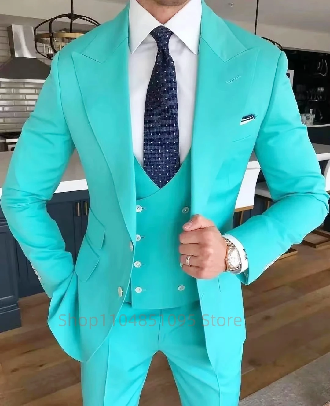 

High Quality Mint Green Men Suits Peak Lapel Slim Fit Men Clothing Elegant Wedding 3 Piece Jacket Vest Pants Sets for Business