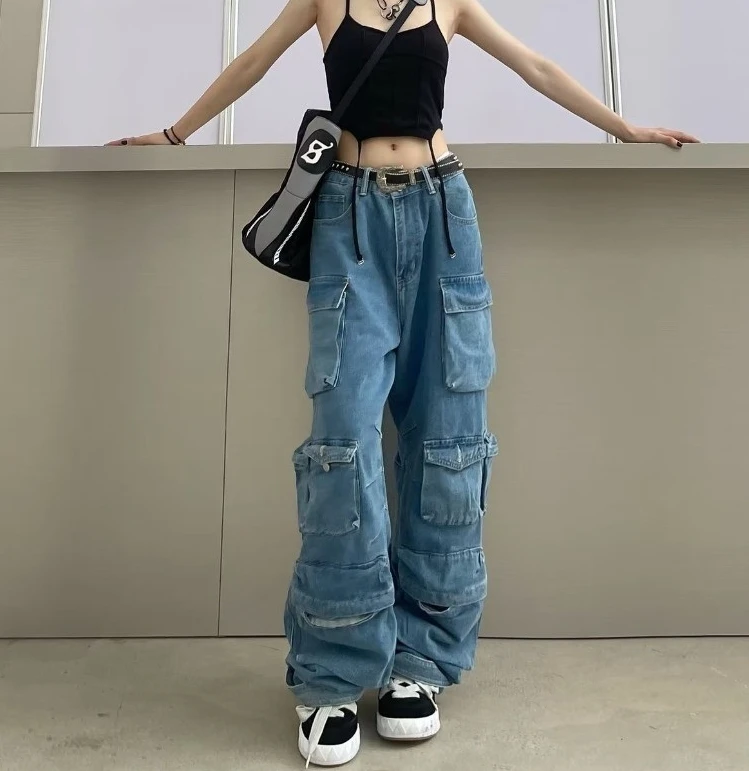 

Fashion Trend Smoke Grey Splicing Multi Pocket Work Pants Street Washed Outdated Long Wide Leg Pants Women's Wear