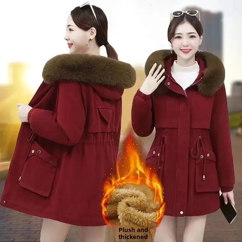 Zimní fleecová bunda v novém stylu pro ženy, bavlněná bunda s kožešinovým límcem, stahující pas, zeštíhlující teplý kabát střední délky, parka - náhled 4
