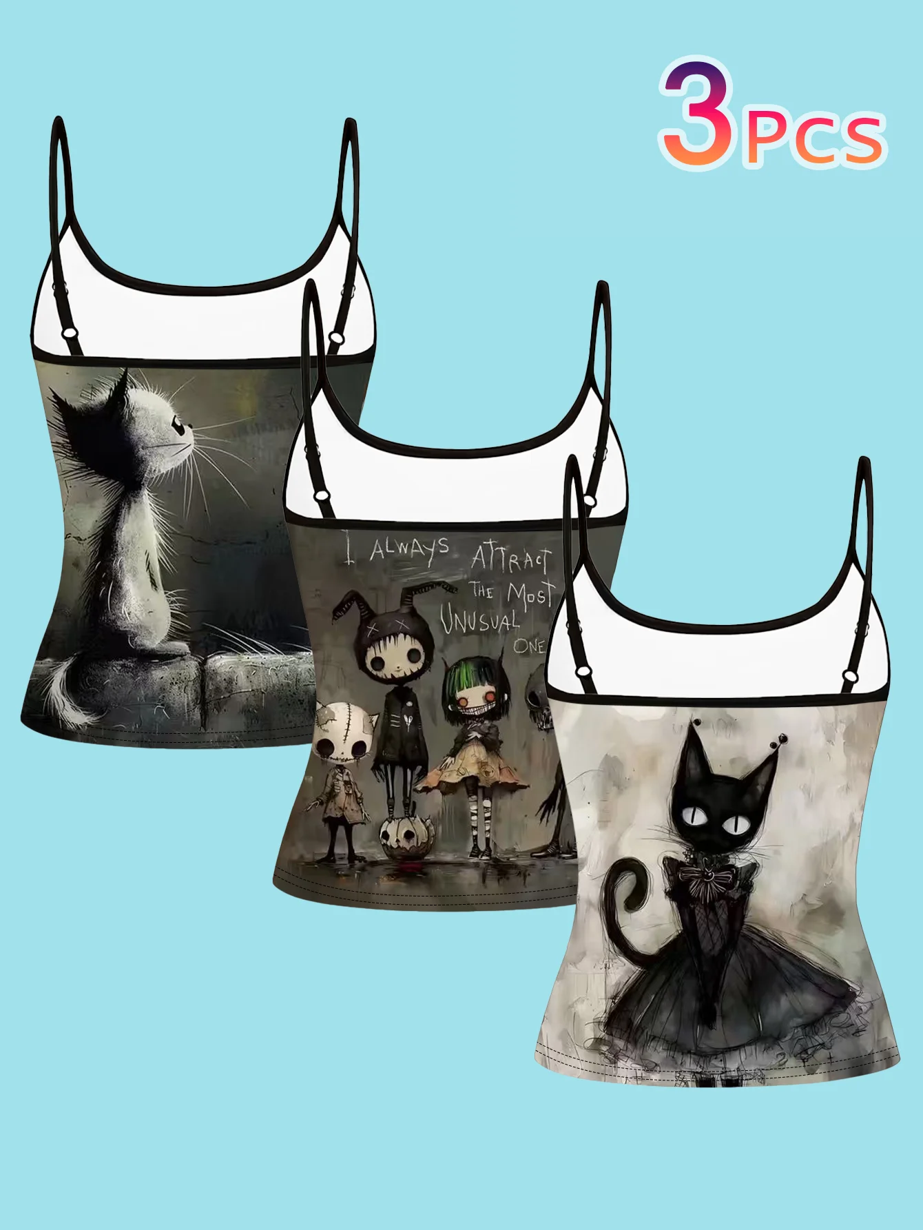 3-Pack Dark Cartoon Black Cat Print Camisole for Women, Subculture Style, Slim Fit Sleeveless Tank Top