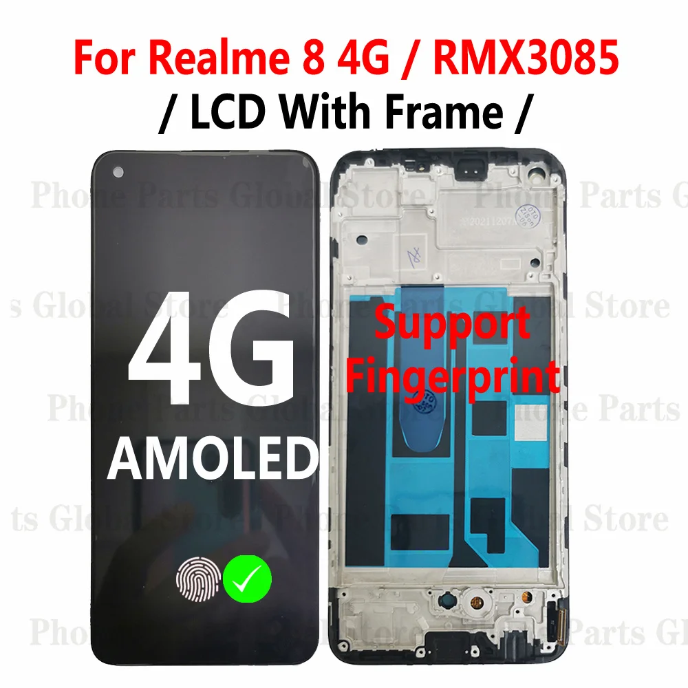 Display For OPPO Realme 8 LCD 4G RMX3085 LCD With Frame Realme8 5G RMX3241 Screen Touch Digitizer Sensor Assembly Replacement