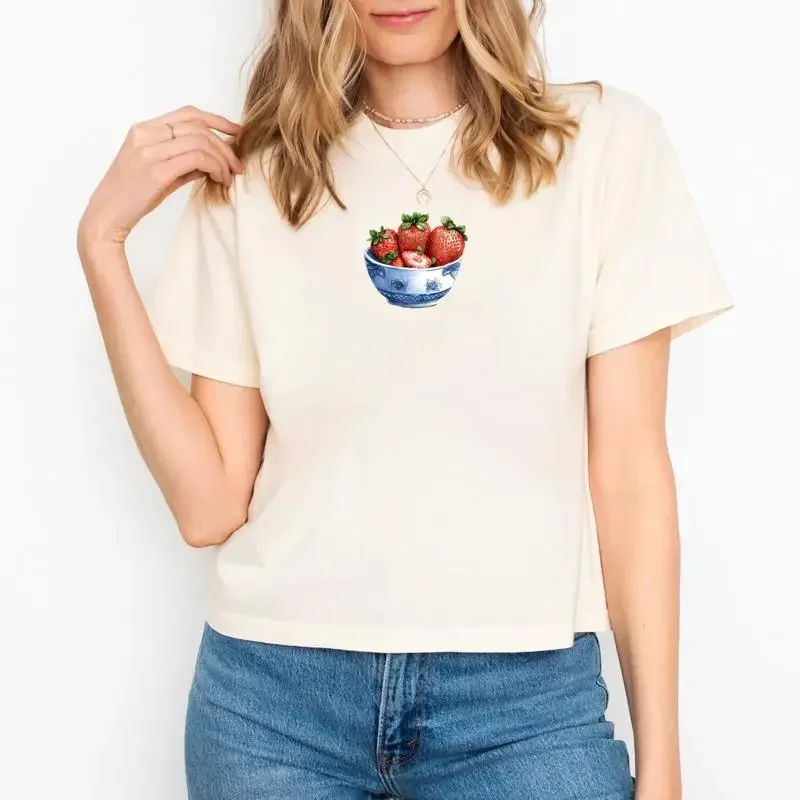 Strawberry Bowl T Shirt Cute Boxy Natural