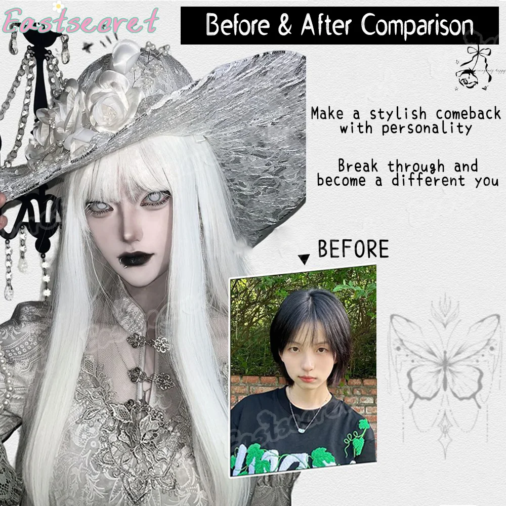 EAST White Wig With Bangs Long Straight Hair Wigs 28inch Synthetic Wig For Woman Lolita Cosplay Heat Resistant