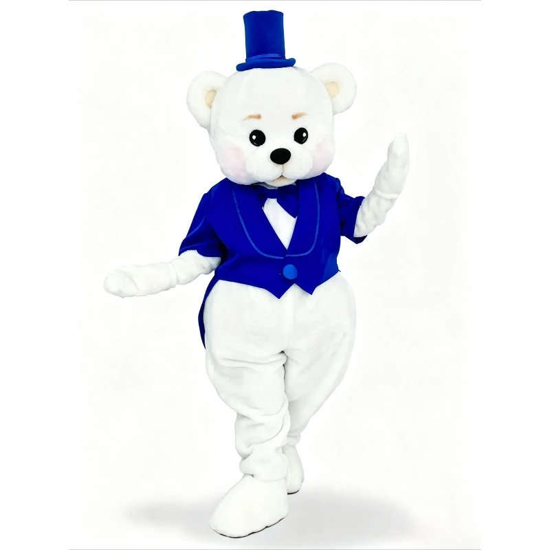 Blue Hat White Bear Mascot Costume Cute Blue Tailcoat Teddy Bear Cartoon Adult Plush Halloween Christmas Fancy Wedding Party