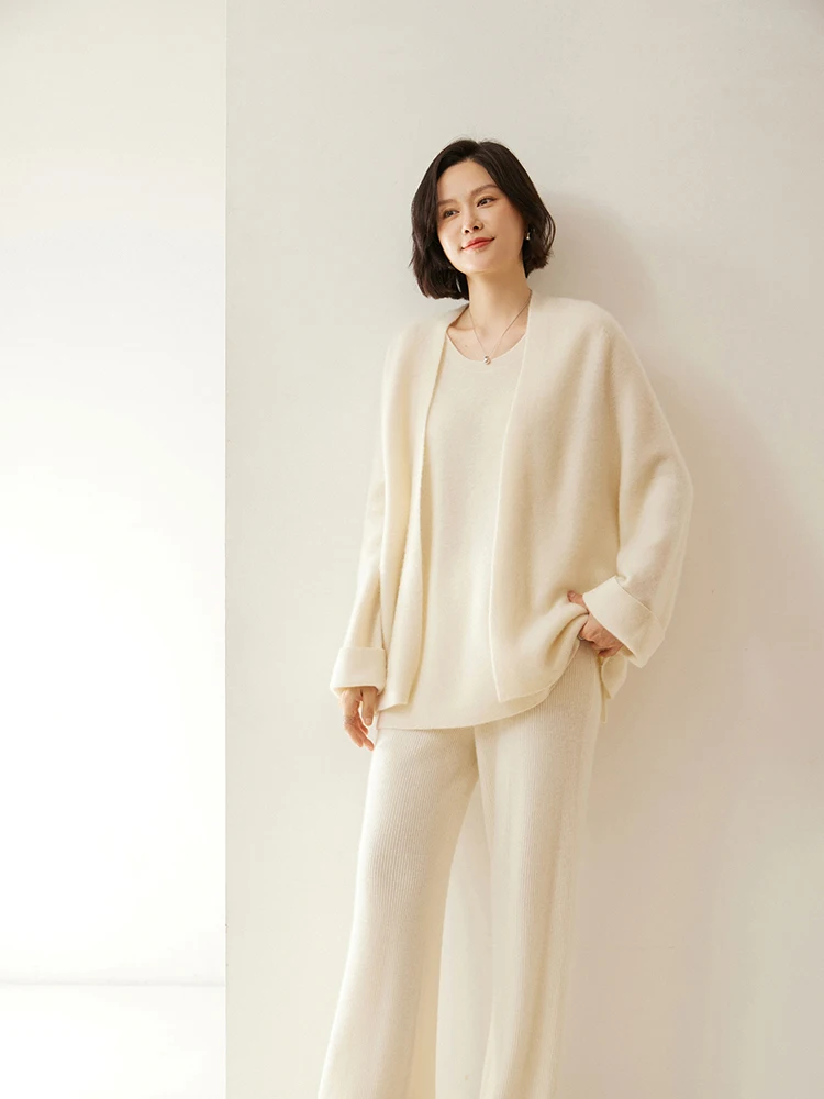 Women Warm Soft Cardigan Autumn Winter Temperament Long Sleeves 100% Cashmere Sweater Casual Loose Solid Korean Style Tops