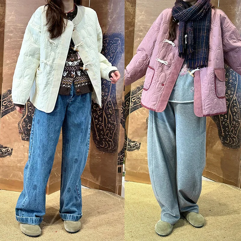 

【Gift Free】2025 Autumn Winter Classic Toggle Button Quilted Round Neck Loose Lightweight Cotton Jacket for Women