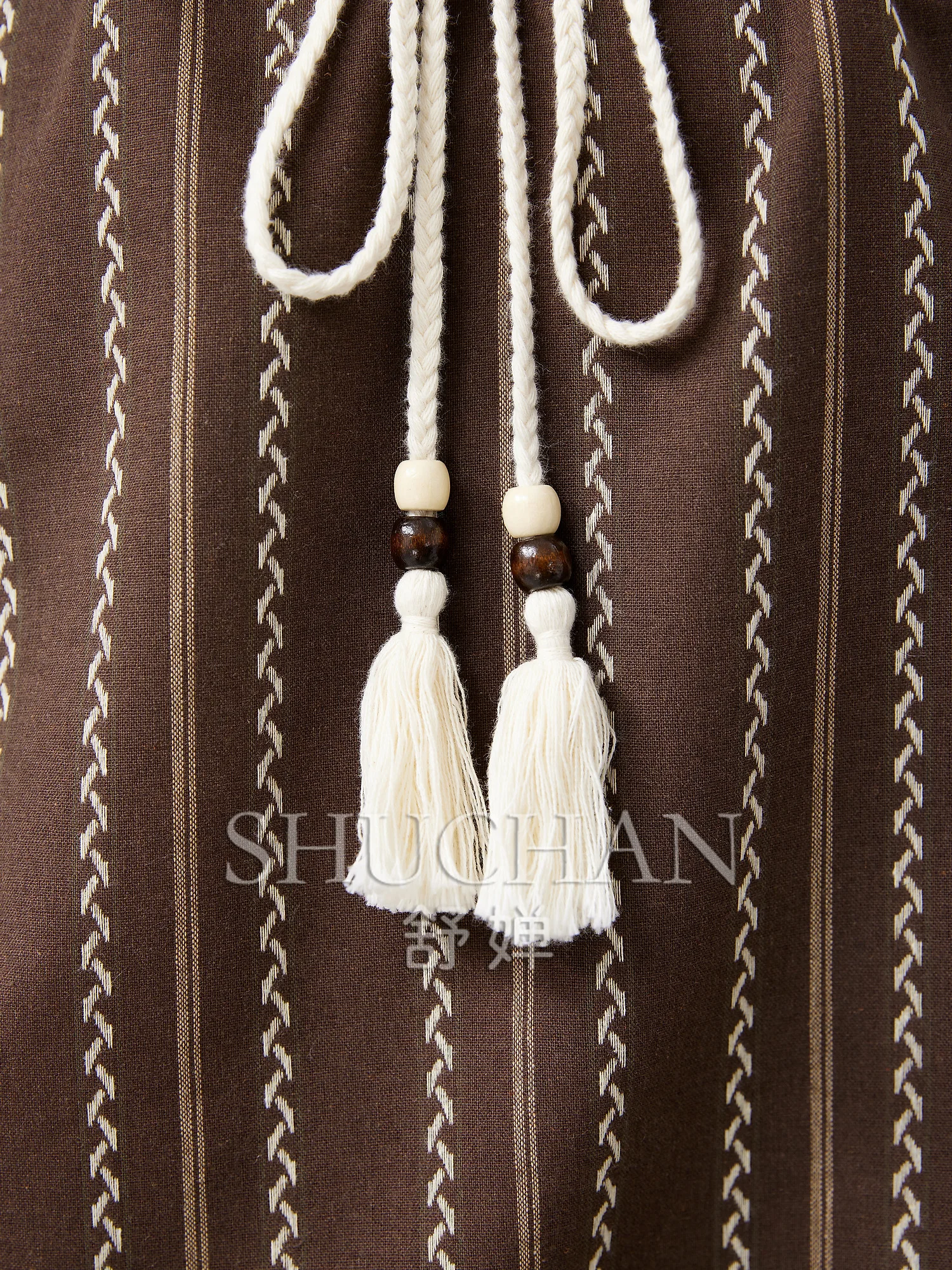 Literary and Artistic Yarn-dyed Striped Cotton, Geometric Jacquard Fringed Lace-up Shirt Blusas Femininas Com Frete Gratis