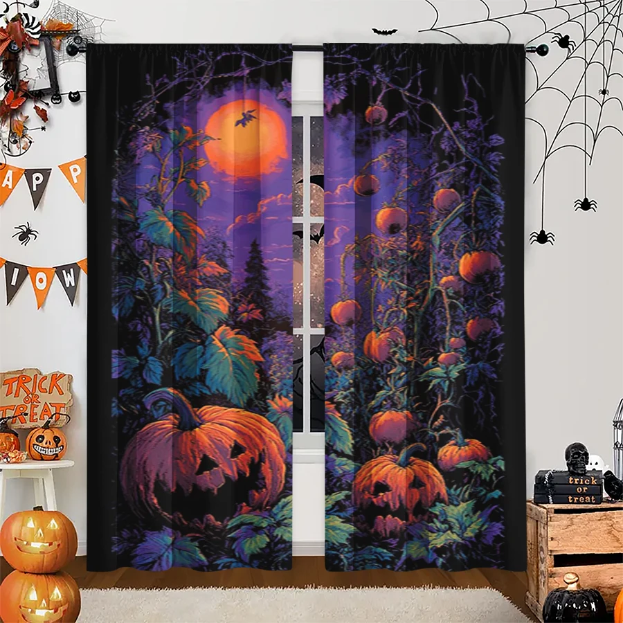 2PCS Digital Print Curtain, Purple Moonlight Pumpkin Forest Bats, Halloween Spooky Night Style for Living Room Bedroom Decor