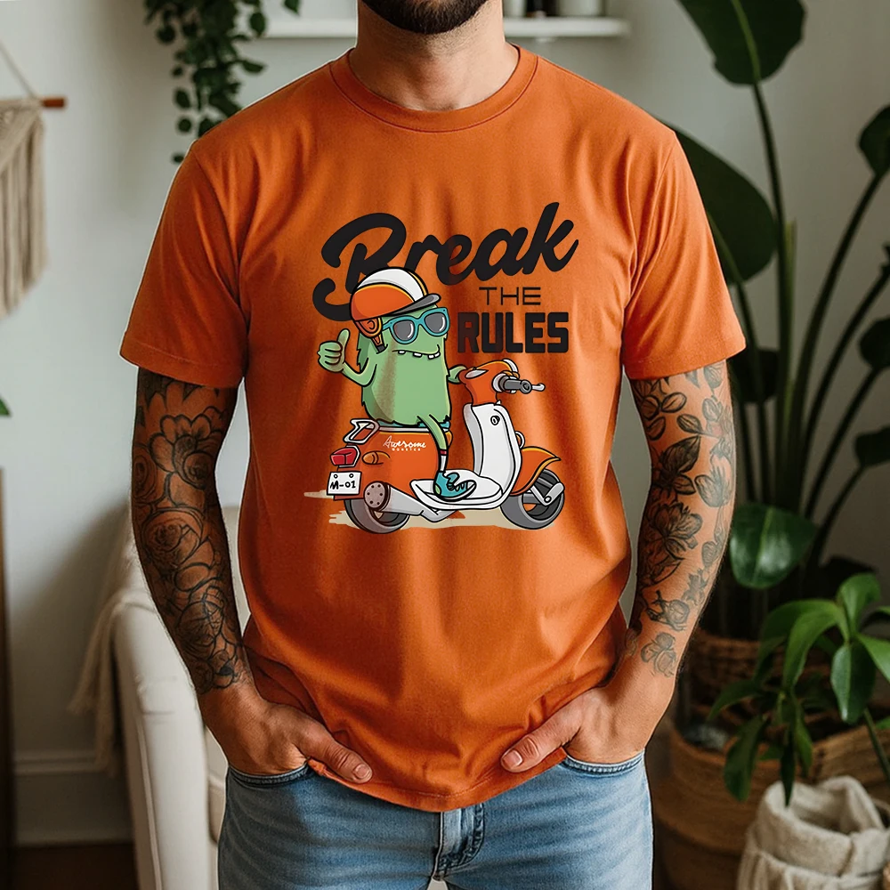 New Summer Men's 100% Cotton T-Shirt Cool Monster Riding Scooter Break The Rules Casual Breathable Short Sleeve