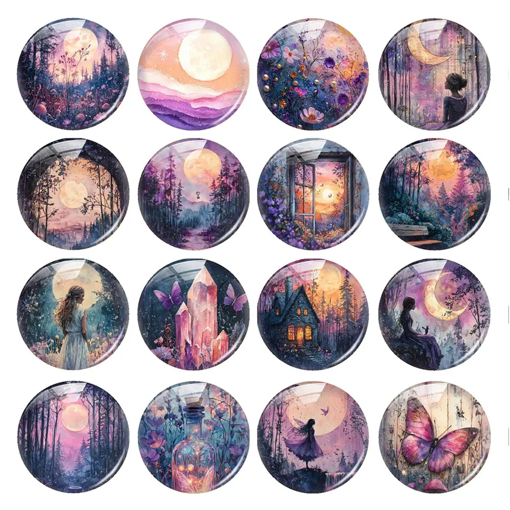 Random Mixed Round/Oval/Square Purple Moon Magical Forest Fairy Photo Glass Cabochon Flatback Demo Cameo For Diy Jewelry Making