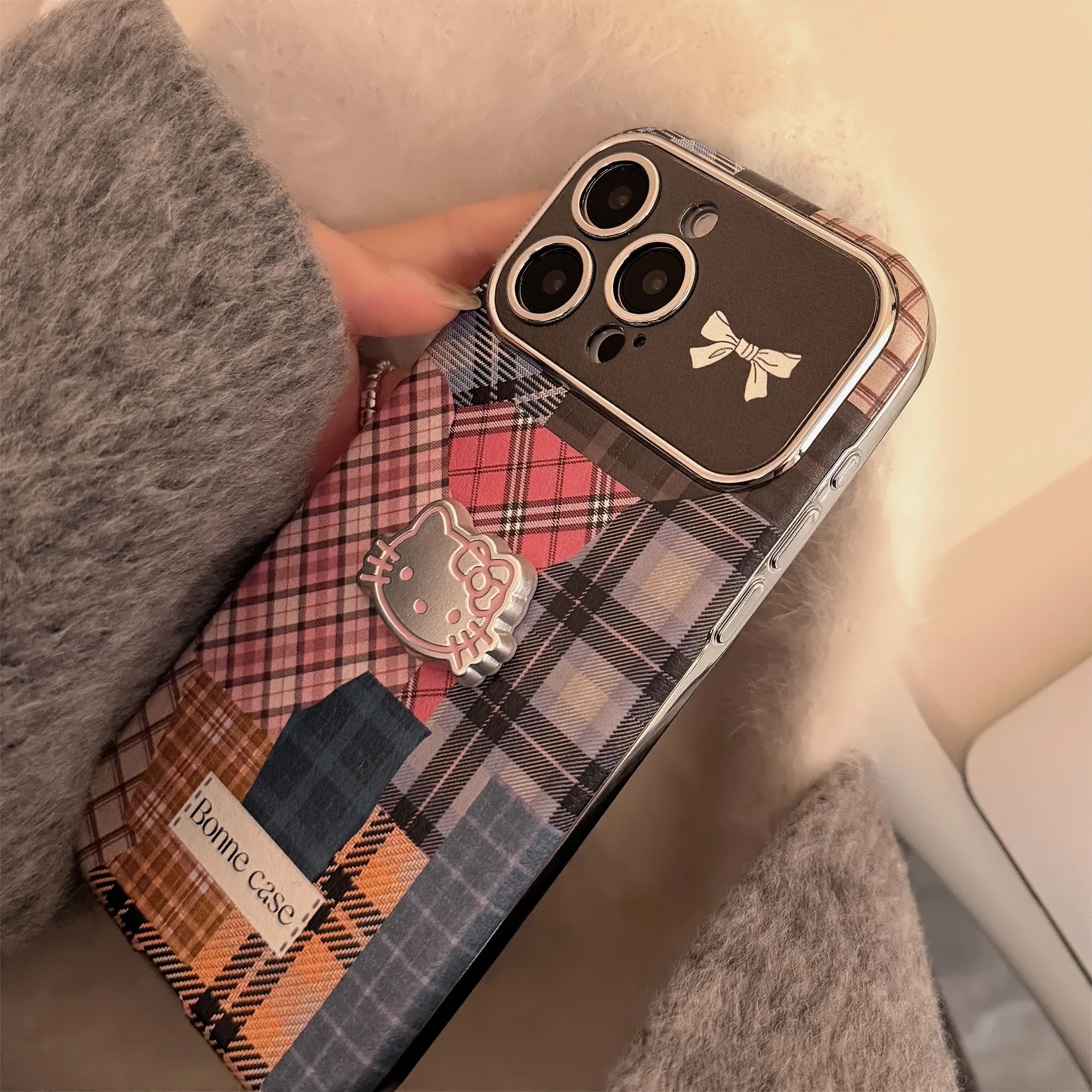 Y2K Koreaanse Splicing Raster Patroon 3D Kitten Sticker Telefoon Case Voor iPhone 16 15 14 13 12 11 Pro Max lederen Textuur Achterkant