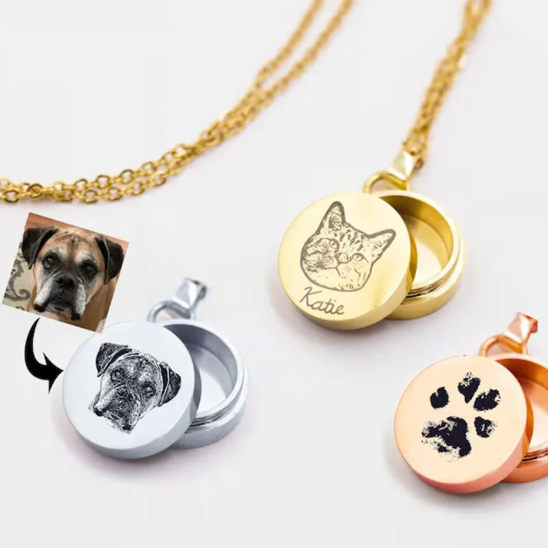 Custom DIY Photo Engraved Pet Hair Necklace Personalized Memorial Pendant Dog Cat Fur&Ashes Storage Handmade Gift for Pet Owners