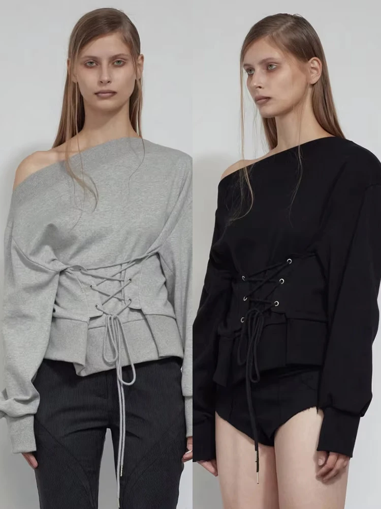 

Cutenew Skew Collar t-Shirt Women Long Sleeve Cross Bandage Leisure Classic Simple Music Festival Daily Fashion Autumn Clothes