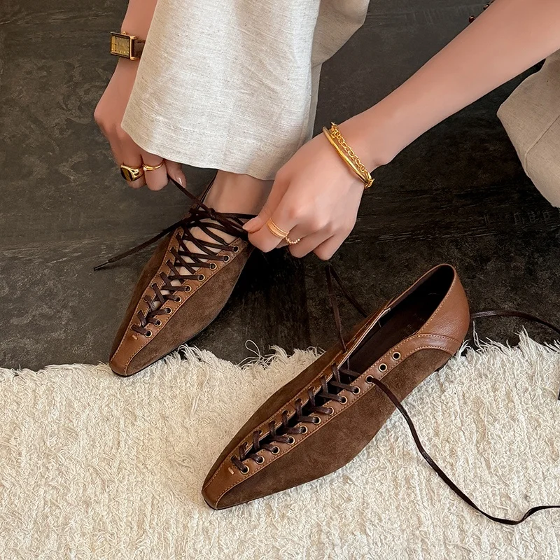 2026 New Womens Genuine Leather Lace-up Ballet Low Heel Gentle Evening Wind Style Comfortable Versatile Casual Commuter Shoes