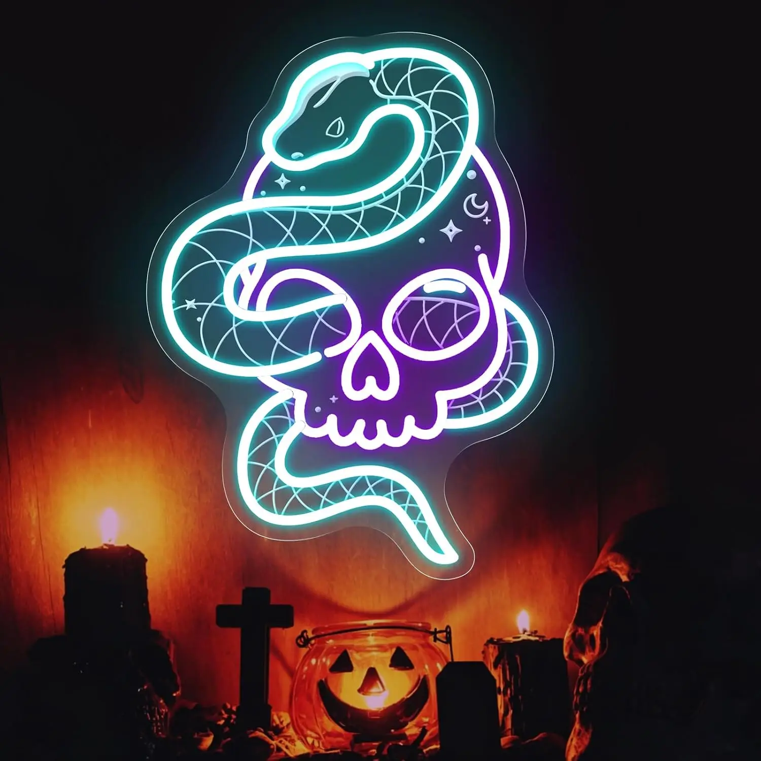 Snake Wrapped Skull Neon Sign LED Gothic Moon Star Wall Light,USB Neon Lamp,Christmas Gift for Bedroom Bar Halloween Party Decor