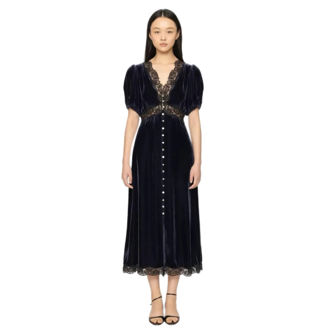 

Charming Velvet New York Se Dress Lace Bubble Sleeve Waist Cinched Long Dress Vintage Style High Waist Ultra Soft Polyester F...