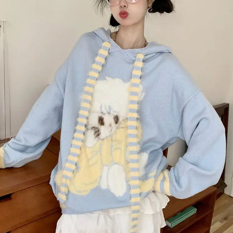 Korean Fashion Autumn Winter Cardigans Hooded Sweaters Jumper Cute Striped Color Blocked Rabbit Ear Jackets Sweater Mujer Tops