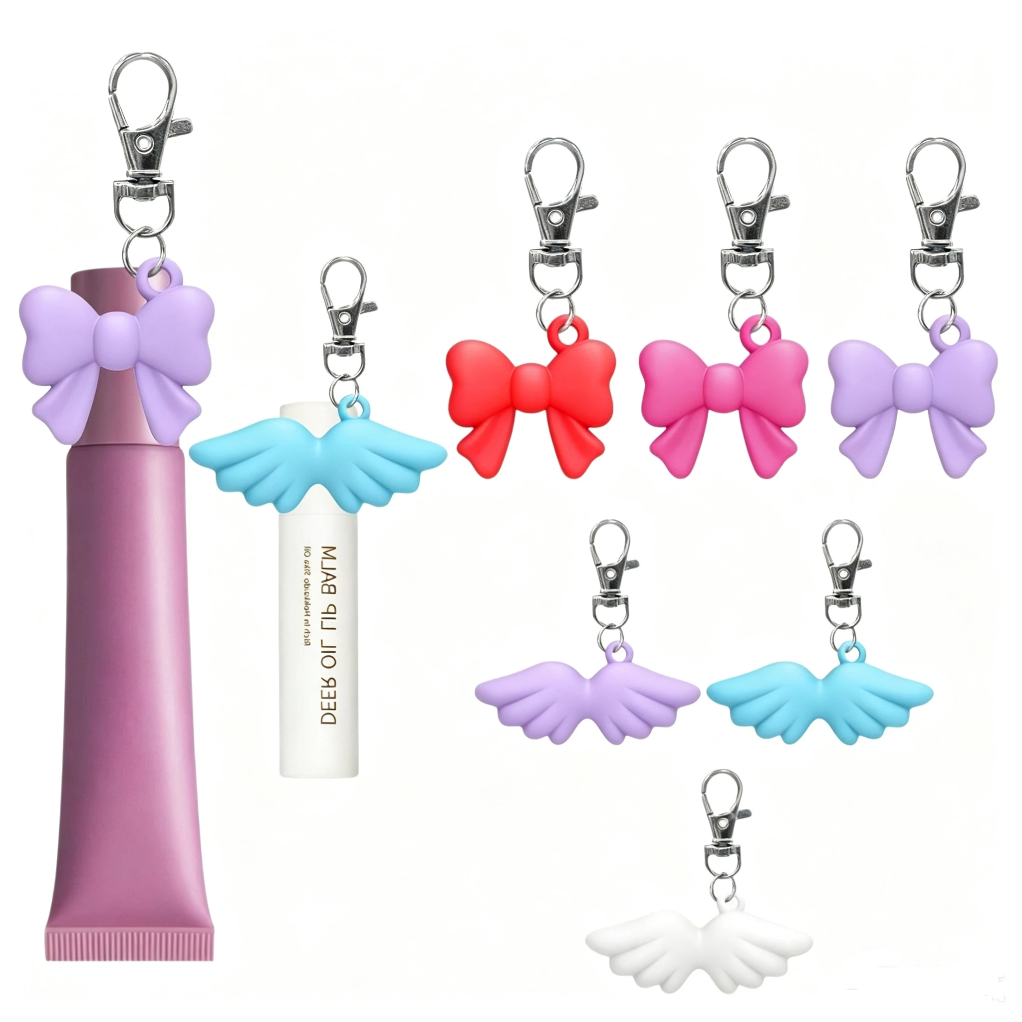 Silicone Lip Gloss Keychain Cap,Bow&Heart&Lips&Angel Wing Shapes,Lip Balm Keychain Cap Bag Pendant Key Ring Lipstick Storage Cap