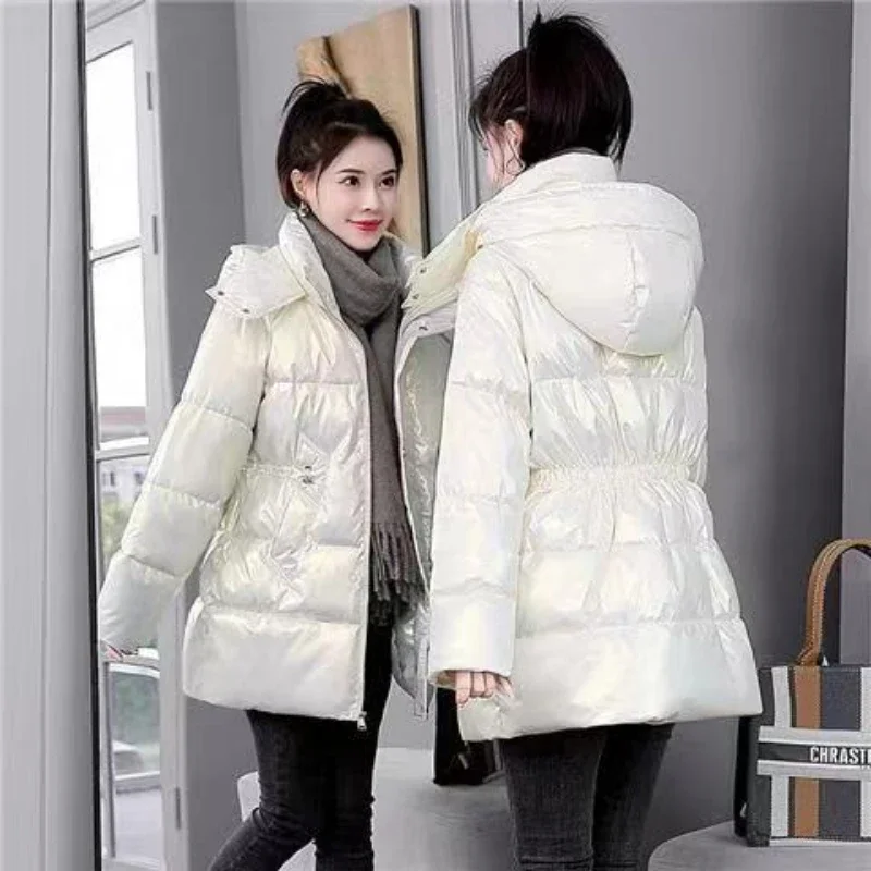 Wash Bright Face Down Cotton-padded Jacket Women Winter Korean Version of Waist Cotton-padded Jacket Fashion Long Cotton-padded