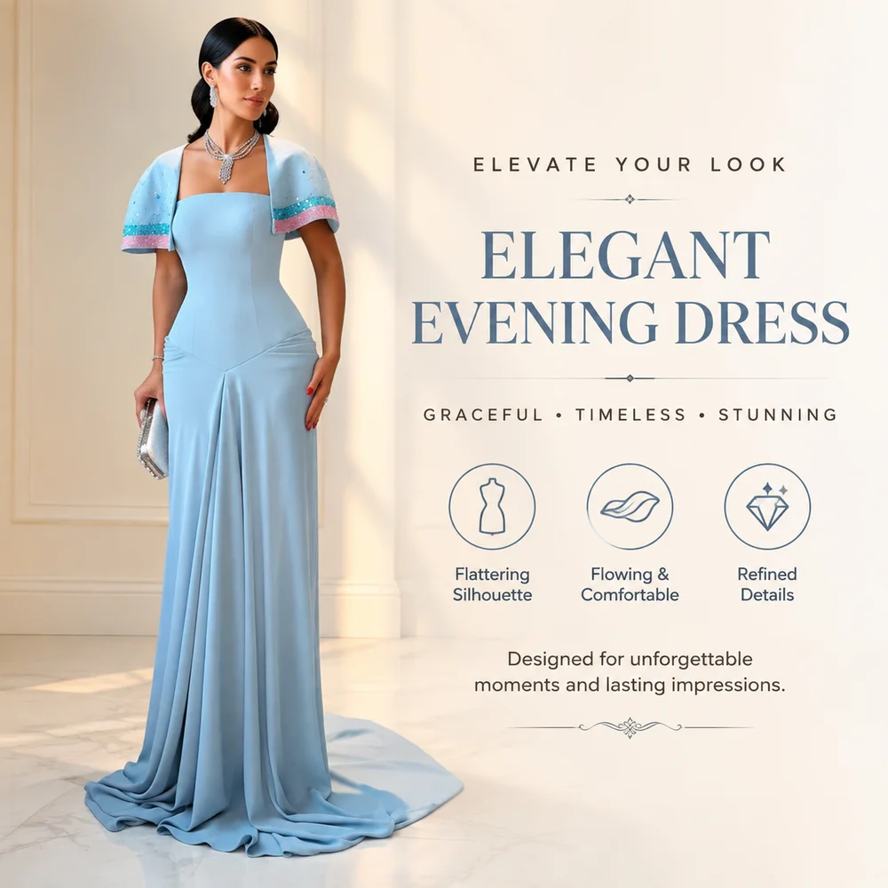 Customized Strapless Blue Beaded Short Sleeves Floor Length Sweep Train Woman Elegant Dress Women for Wedding Party Abiti Sera