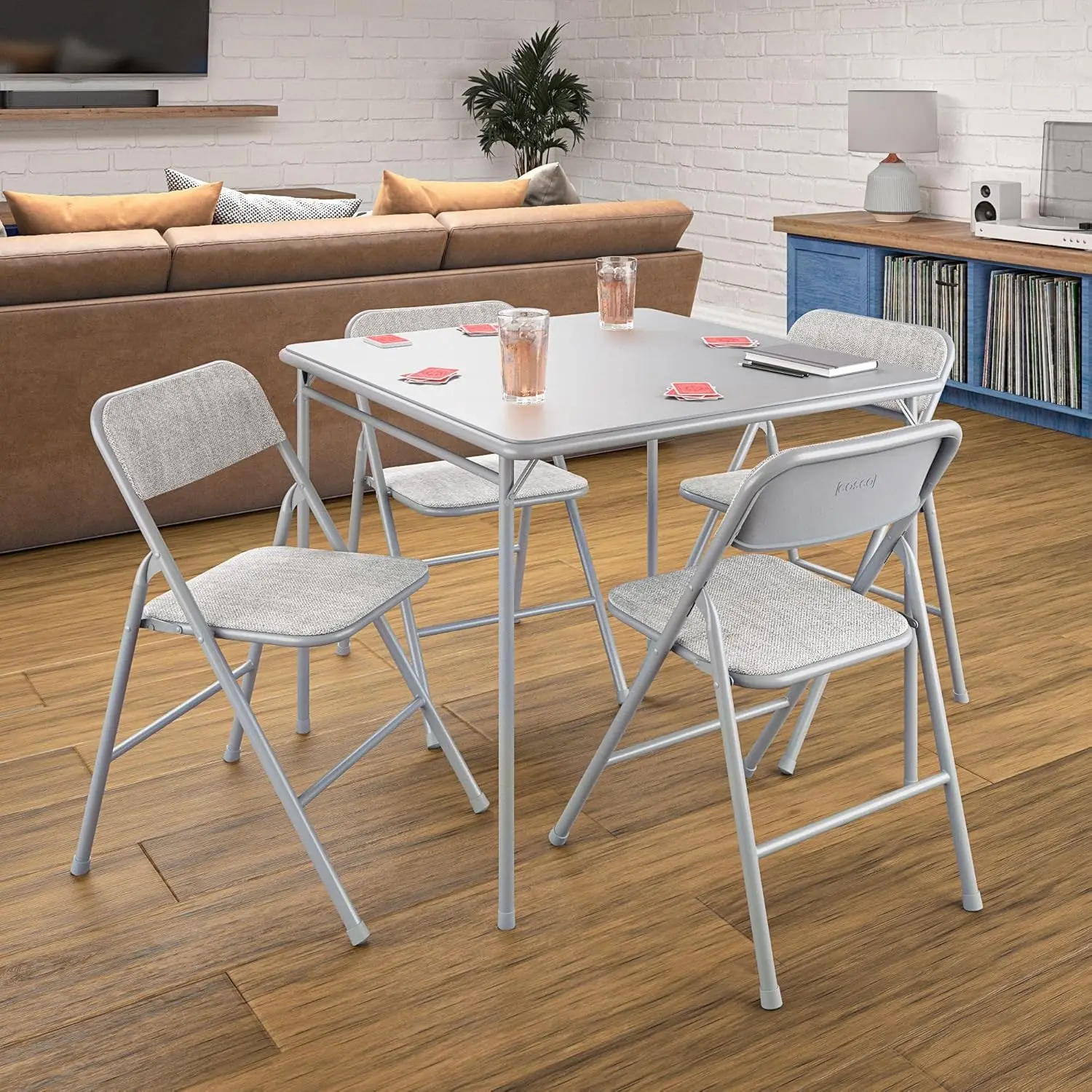 Juego de comedor Premium de 5 piezas, mesa de tarjeta superior de vinilo de 34 "y sillas plegables con asiento y respaldo acolchados de 4 telas, color gris