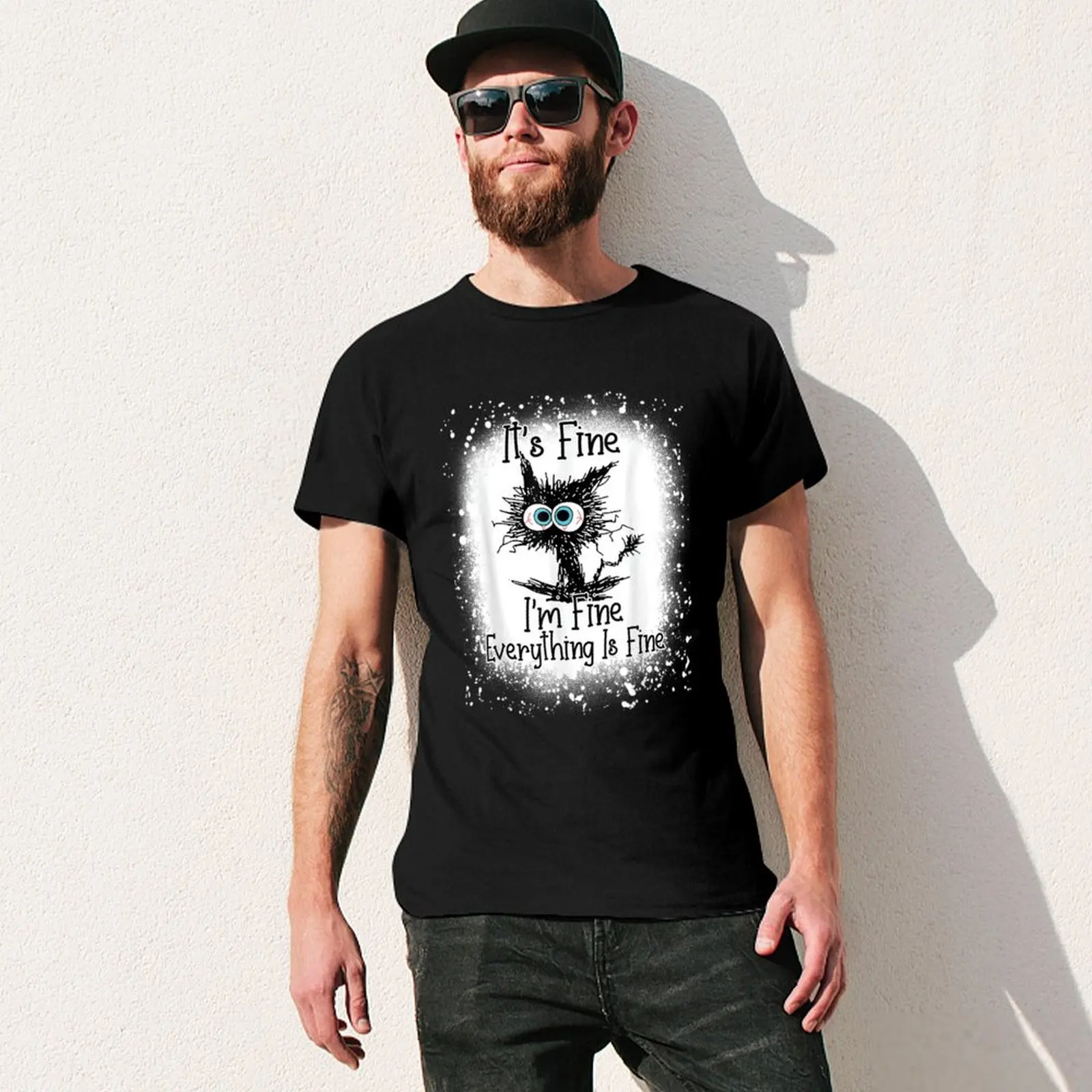 Bleached Its Fine Im Fine Everything Is Fine Shirt Black Cat T-Shirt Outdoor Sports Short Sleeve Top view 3